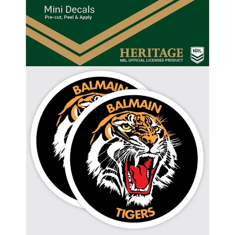 NRL Balmain Tigers Heritage Mini Decals Set of 2 Stickers 8x8cm Cars UV Outdoor