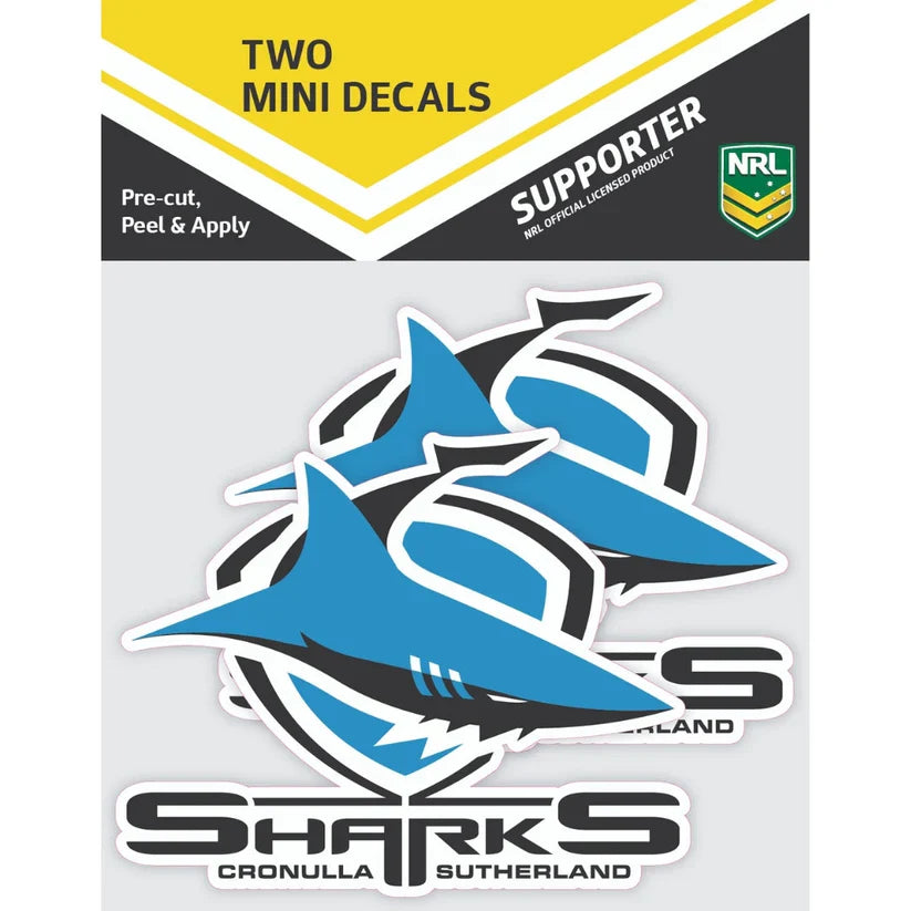 NRL Cronulla Sharks Mini Decals Set of 2 Stickers 7x9cm Cars UV Outdoor OK