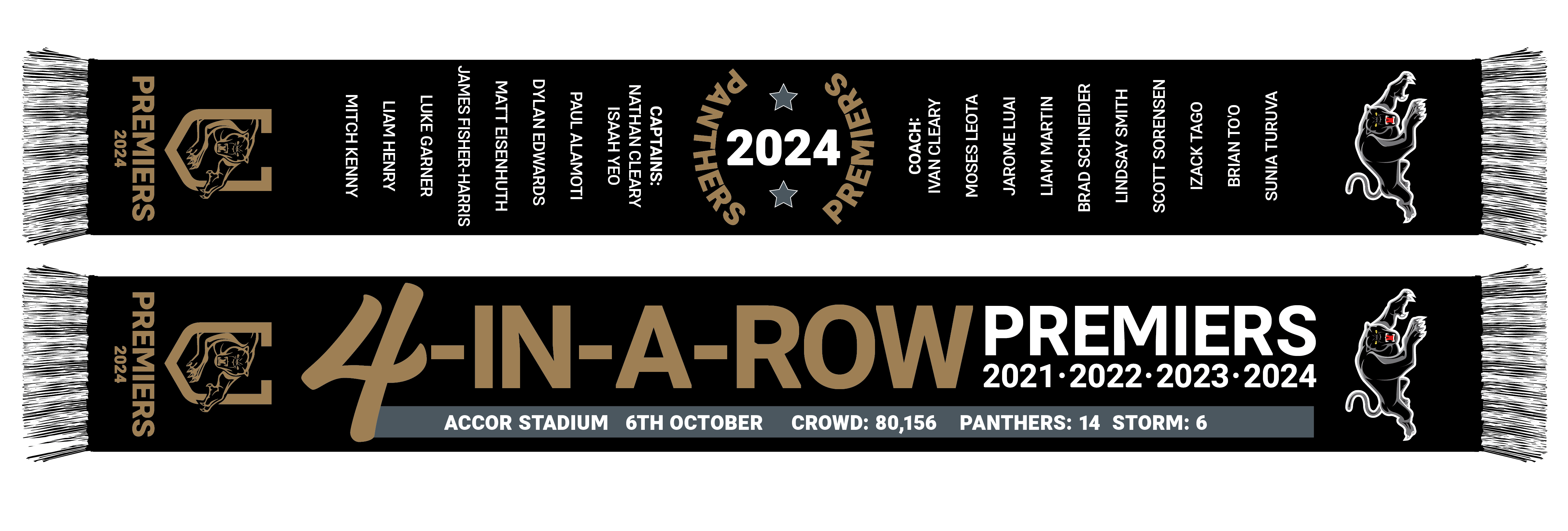 Official NRL 2024 Premiers Scarf - Penrith Panthers 4 IN A ROW - Adults