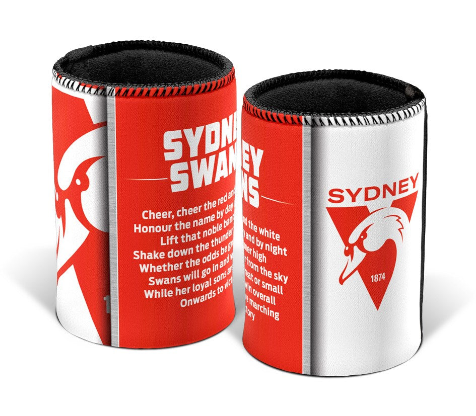 AFL Sydney Swans Team Song Can Cooler - Stubby Drink Holder - with Rubber Base