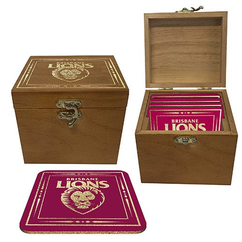 AFL Brisbane Lions - Set of 4 Cork Coasters in Wooden Box - Fathers Day Gift