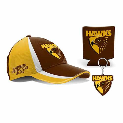 AFL Hawthorn Hawks Gift Pack - Hat/Cap, Can Cooler and Keyring