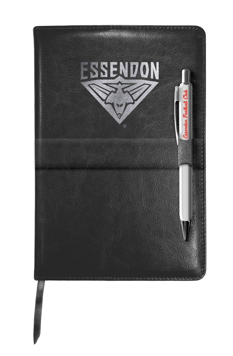 AFL Essendon Bombers Leather Notebook and Pen with 140 Lined Pages - Gift idea