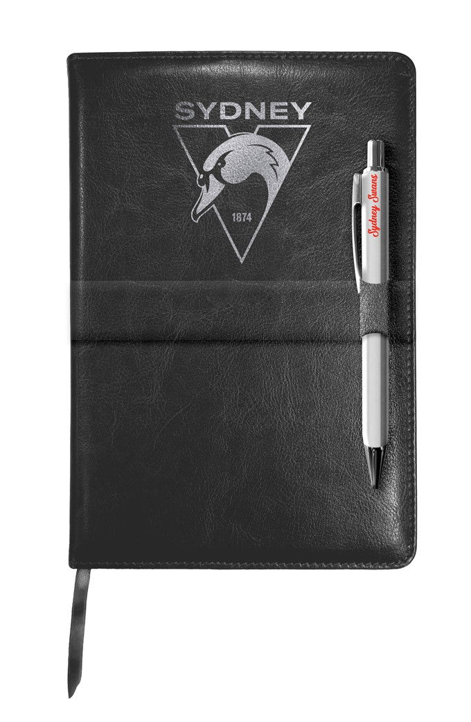 AFL Sydney Swans Leather Notebook and Pen with 140 Lined Pages - Gift idea