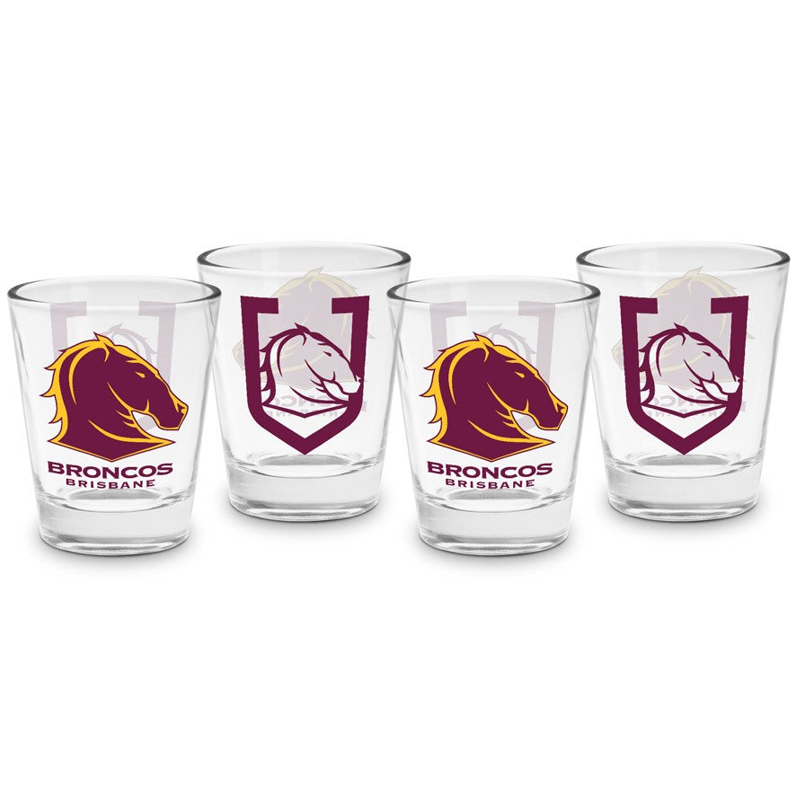 NRL Brisbane Broncos 4 Pack of Shot Glasses - 50ml - Gift - Spirits - Drink