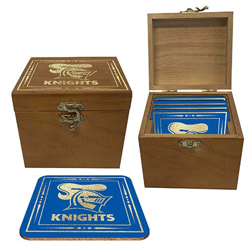 NRL Newcastle Knights - Set of 4 Cork Coasters in Wooden Box - Fathers Day Gift