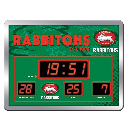 NRL South Sydney Rabbitohs LED Scoreboard Clock Date Time Temp 45cm(W) x 33cm(H)