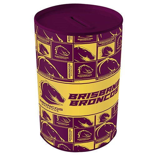 NRL Brisbane Broncos Tin Money Box with Coin Slot - Gift Idea Christmas Birthday