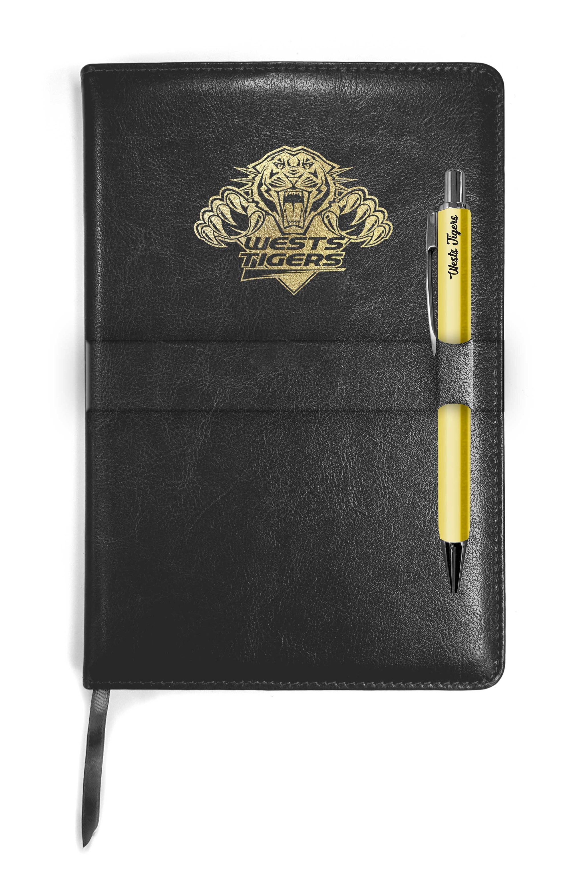 NRL Wests Tigers Leather Notebook and Pen with 140 Lined Pages - Gift idea