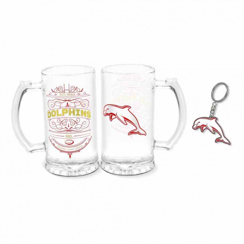 NRL Redcliffe Dolphins Stein Glass and Enamel Keyring Pack - Gift Idea