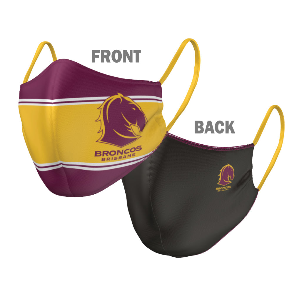 NRL Brisbane Broncos Face Mask - 2 Sizes: Adult or Kids: Reversible Washable