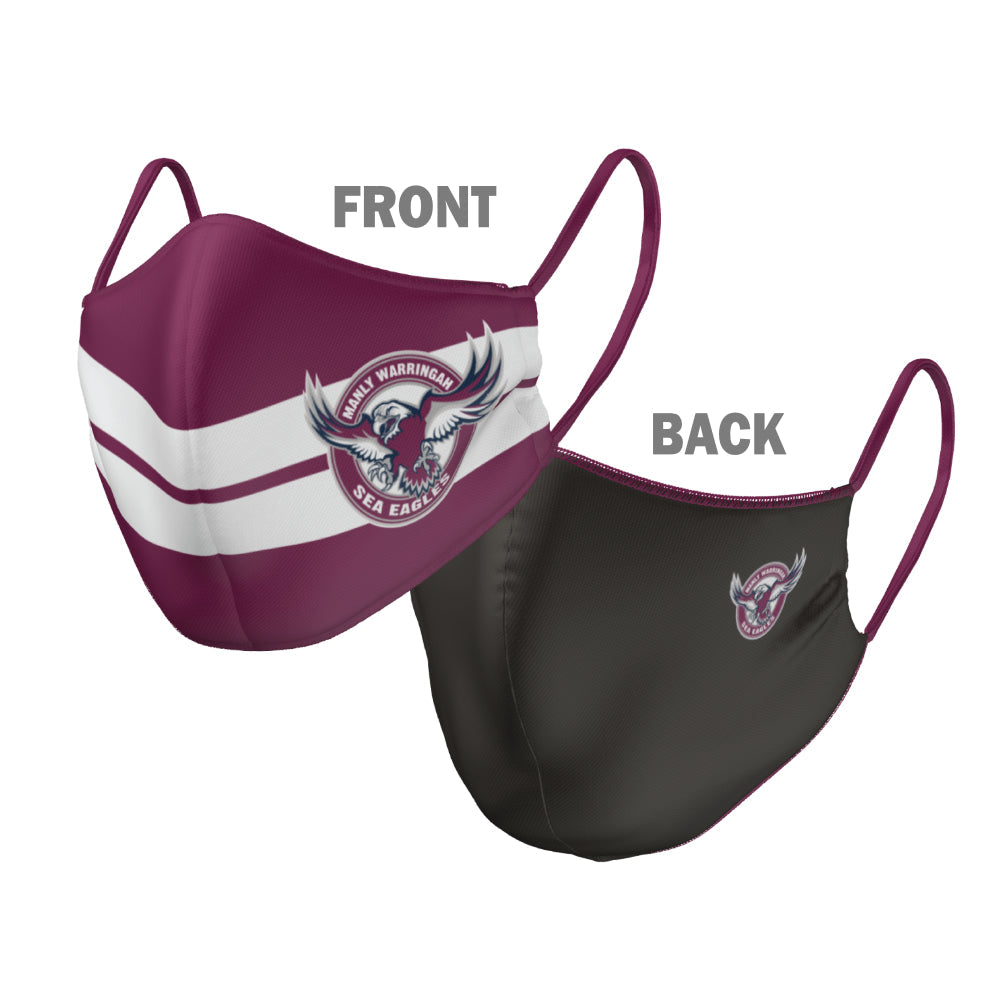 NRL Manly Sea Eagles Face Mask - 2 Sizes: Adult or Kids: Reversible Washable